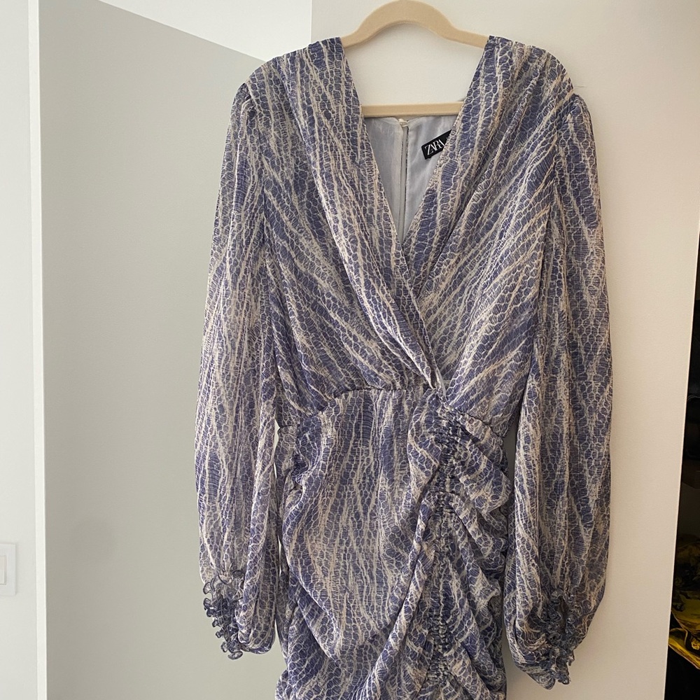 Zara blue printed mini dress with ruffle details